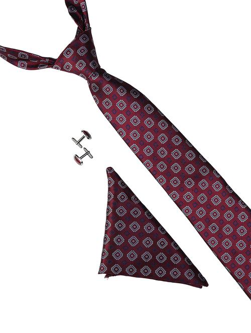maroon micro fiber tie with pocket square and cufflinks - 15616050 - Very Small Image - 1