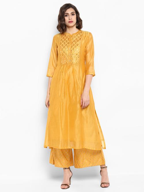 mirror work kurta with foil printed palazzo set - 15616095 - Very Small Image - 1
