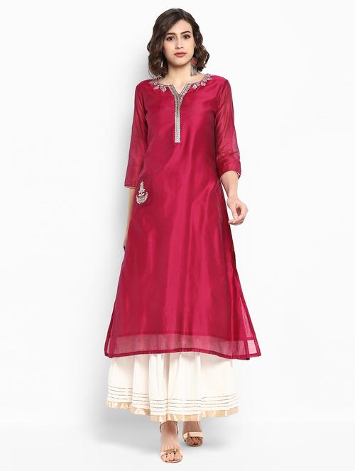 embroidered silk kurta with palazzo set - 15616098 - Very Small Image - 1