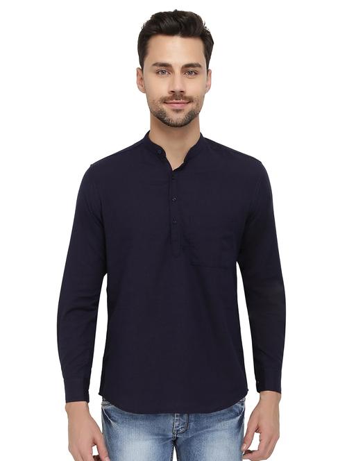 navy blue linen short kurta - 15619020 - Very Small Image - 1