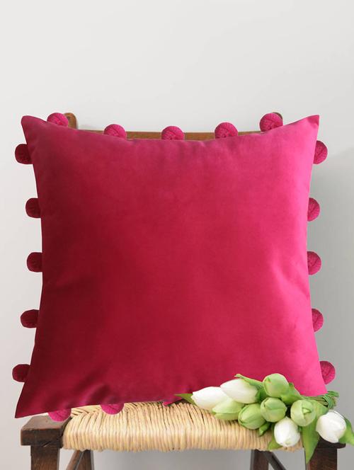 smooth fuchsia velvet cushion covers with matching vibrant pom poms (single pc, 16 - 15619764 - Very Small Image - 1
