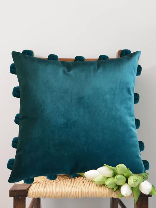 smooth sky blue velvet cushion covers with matching vibrant pom poms (single pc, 16 - 15619767 - Very Small Image - 1