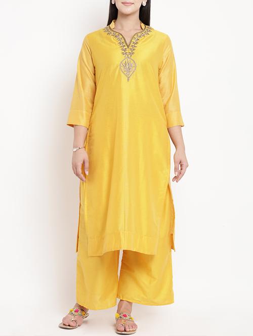 zari embroidered silk kurta with palazzo set - 15620573 - Very Small Image - 1