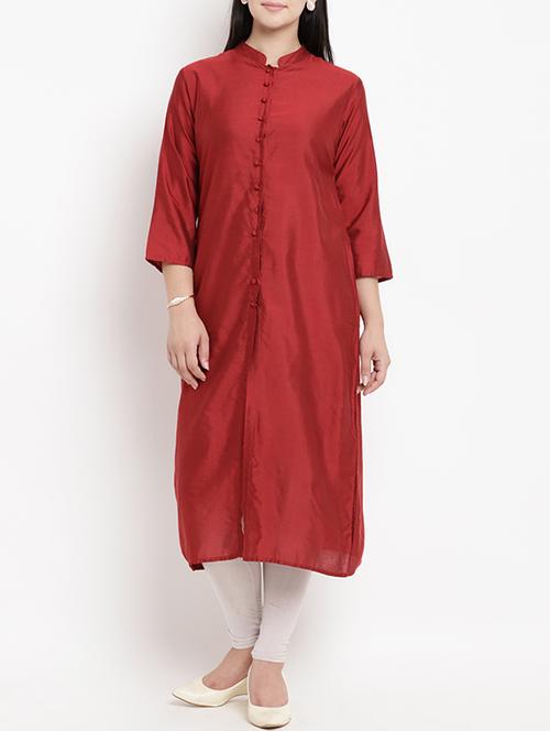 burgundy silk straight kurta - 15620584 - Very Small Image - 1