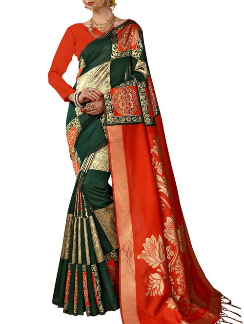 bottle green woven saree with blouse - 15622744 - Very Small Image - 1