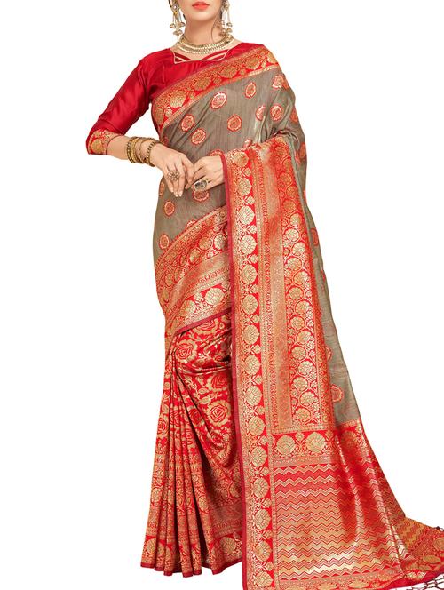 linen floral woven saree with blouse - 15622757 - Very Small Image - 1