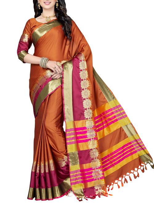 floral zari bordered saree with blouse - 15622798 - Very Small Image - 1