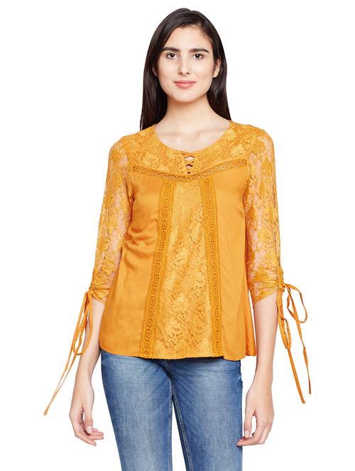 ruched detail sleeved lace paneled top - 15624462 - Very Small Image - 1