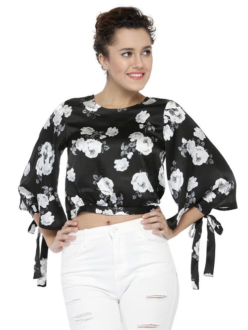 side tie up sleeved floral crop top - 15624478 - Very Small Image - 1