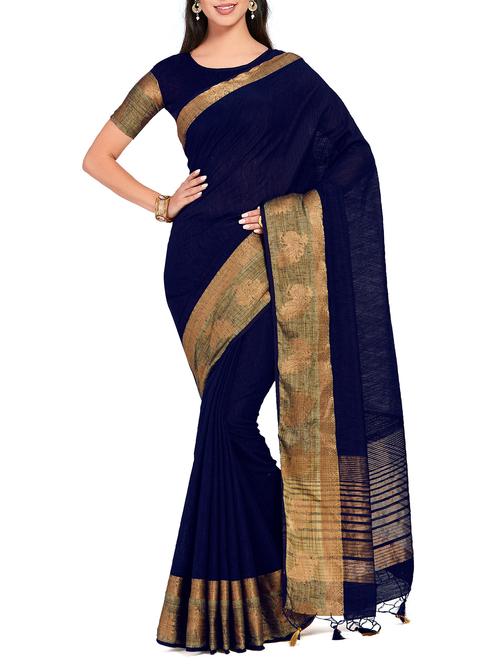 zari border linen woven saree with blouse - 15625387 - Very Small Image - 1