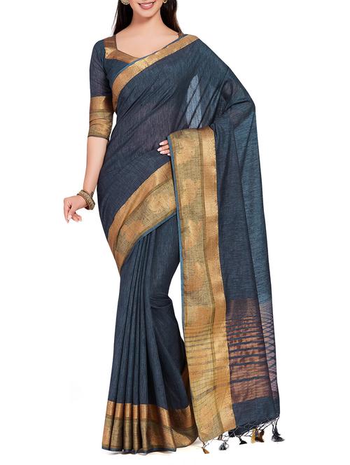 zari border linen woven saree with blouse - 15625388 - Very Small Image - 1
