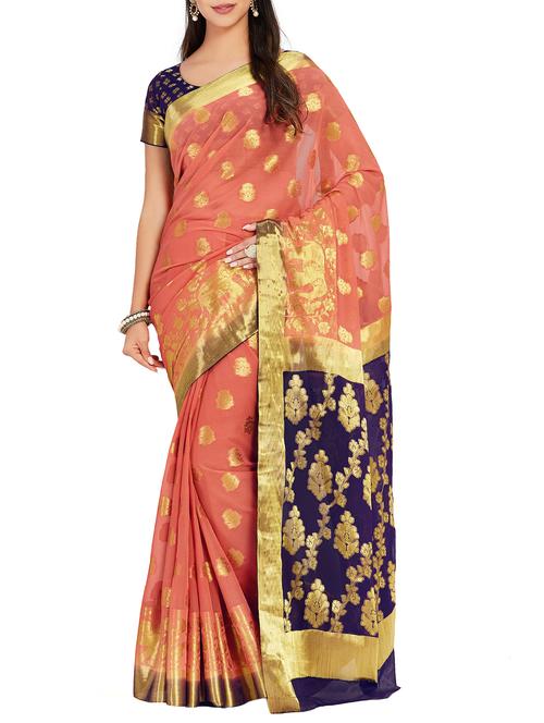 floral zari motif kanjivaram saree with blouse - 15625400 - Very Small Image - 1