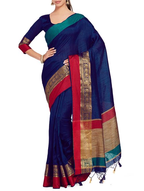 contrast zari border woven saree with blouse - 15625439 - Very Small Image - 1