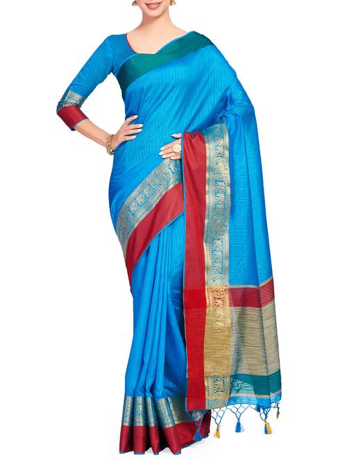 contrast zari border woven saree with blouse - 15625440 - Very Small Image - 1