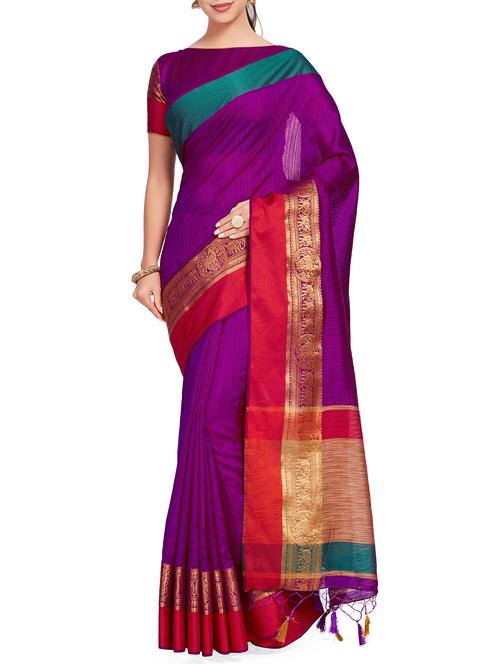contrast zari border woven saree with blouse - 15625442 - Very Small Image - 1
