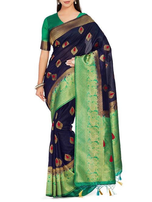 contrast zari pallu kanjivaram saree with blouse - 15625523 - Very Small Image - 1