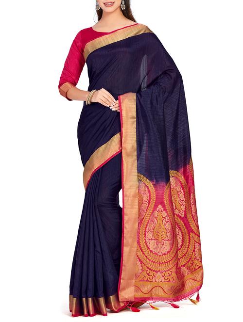 contrast zari pallu woven saree with blouse - 15625550 - Very Small Image - 1
