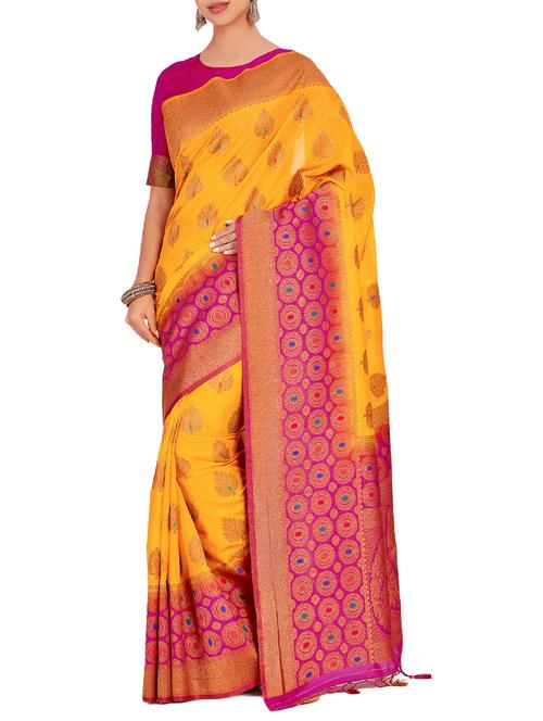 contrast zari border kanjivaram saree with blouse - 15625555 - Very Small Image - 1