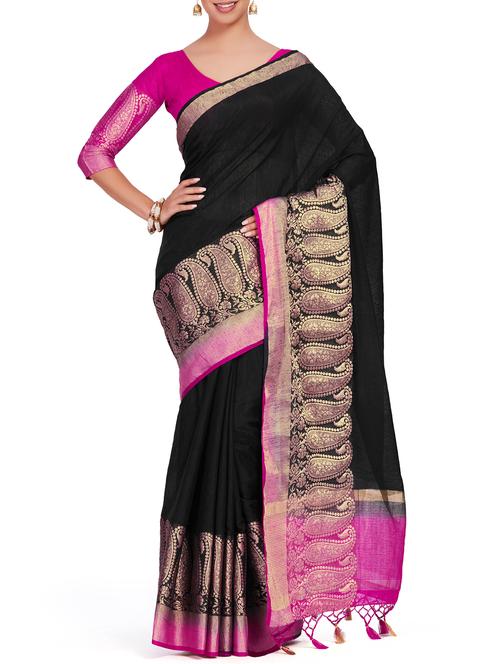 paisley border linen woven saree with blouse - 15625564 - Very Small Image - 1