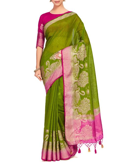 conversational border linen woven saree with blouse - 15625565 - Very Small Image - 1