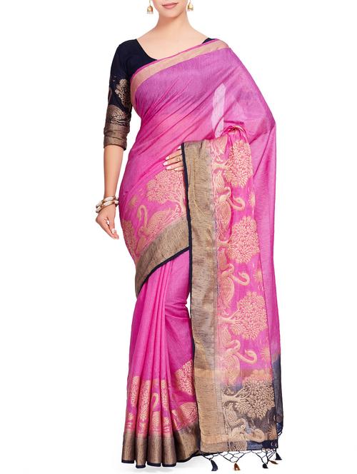conversational border linen woven saree with blouse - 15625568 - Very Small Image - 1