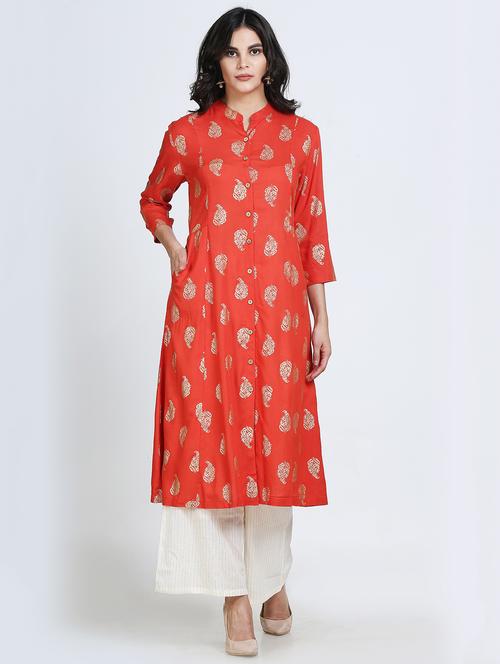 orange viscose aline kurta - 15629295 - Very Small Image - 1