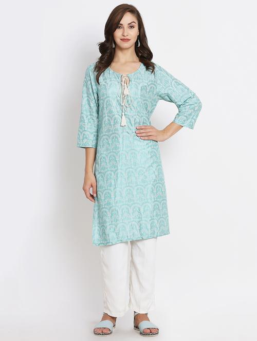 turquoise straight kurta with dori and tassel - 15629344 - Very Small Image - 1