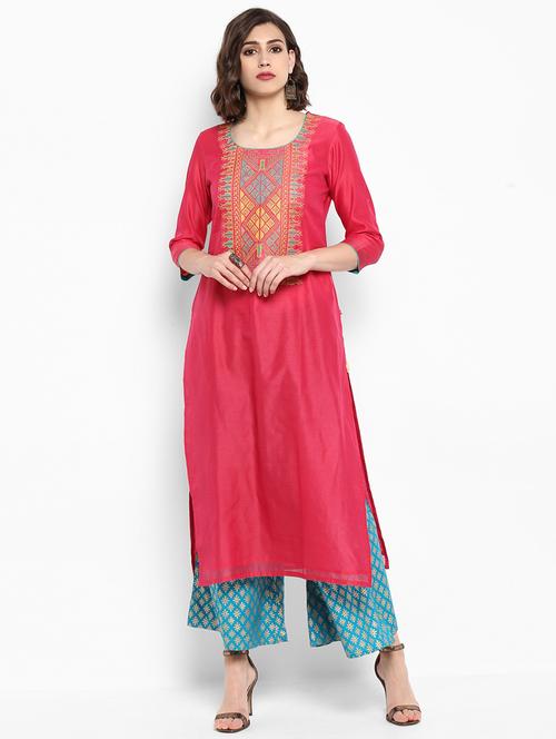 embroidered kurta with foil printed palazzo set - 15629866 - Very Small Image - 1