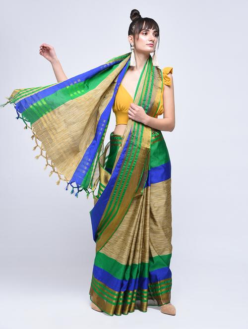 contrast zari border woven saree with blouse - 15630532 - Very Small Image - 1