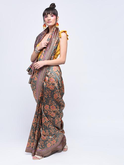 floral printed saree with blouse - 15630545 - Very Small Image - 1
