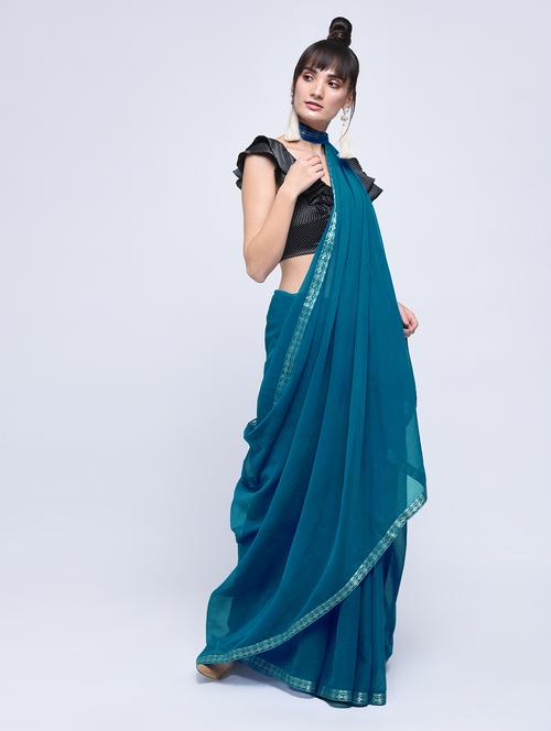 lace border turquoise saree with blouse - 15630550 - Very Small Image - 1
