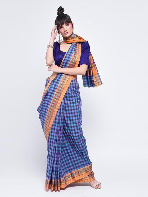 checkered handloom saree with blouse - 15630558 - Very Small Image - 1