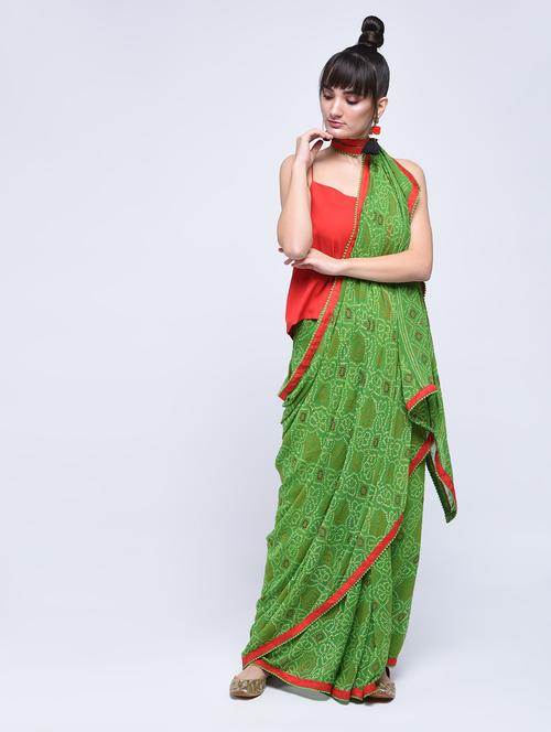 lace border bandhani saree with blouse - 15630569 - Very Small Image - 1