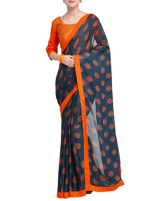 contrast motif printed saree with blouse - 15630917 - Very Small Image - 1