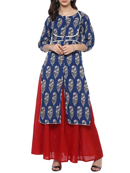 indigo straight slit printed kurta - 15632198 - Very Small Image - 1