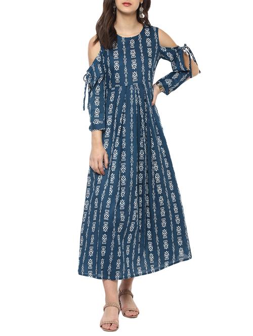 indigo cold shoulder flared dress - 15632209 - Very Small Image - 1