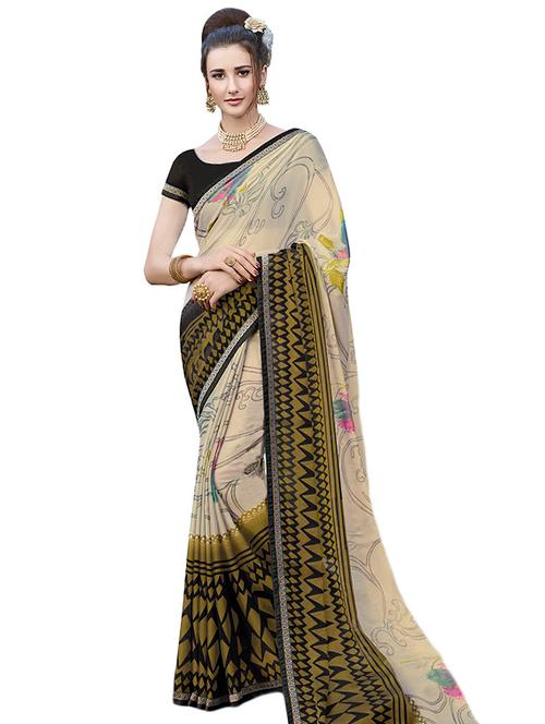 contrast bordered printed saree with blouse - 15635453 - Very Small Image - 1