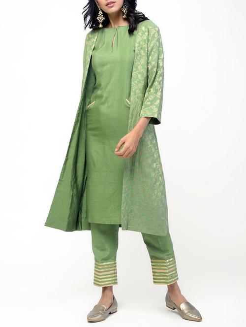 zari chanderi kurta with pant & shrug set - 15635843 - Very Small Image - 1