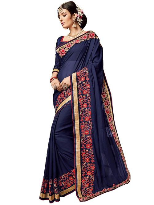 floral embroidered navy blue saree with blouse - 15636273 - Very Small Image - 1