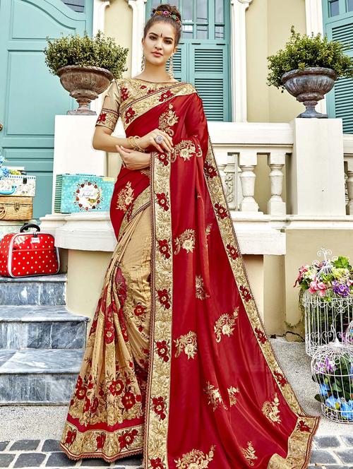 zari floral half and half saree with blouse - 15640114 - Very Small Image - 1