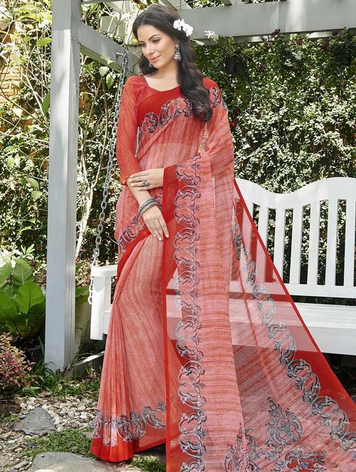 contrast bordered printed saree with blouse - 15640117 - Very Small Image - 1