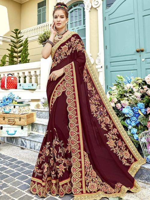 zari floral embroidered saree with blouse - 15640128 - Very Small Image - 1