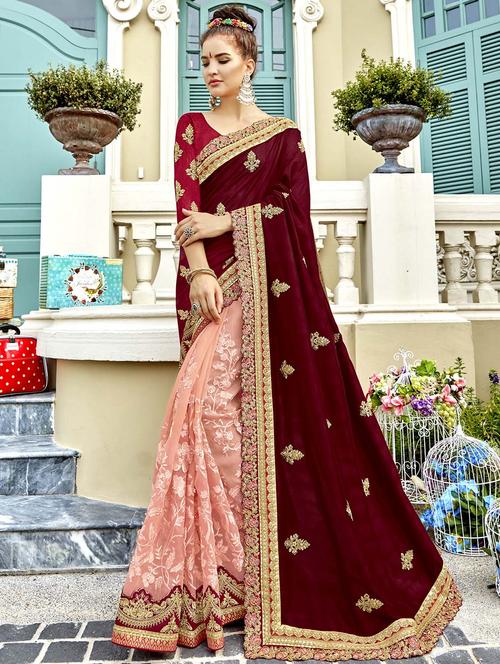 zari floral half and half saree with blouse - 15640129 - Very Small Image - 1