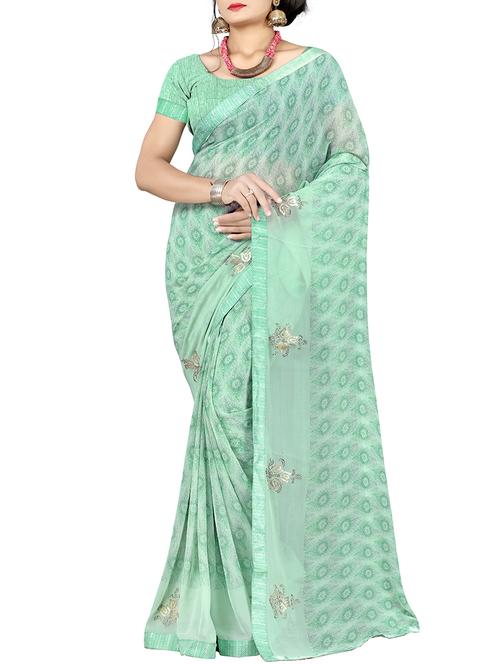 mint green printed saree with blouse - 15640195 - Very Small Image - 1