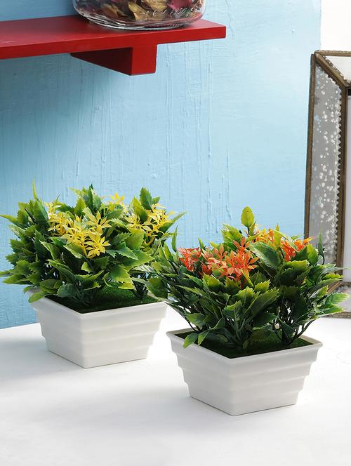 combo of 2 large green leaves with small yellow and orange leaves in the centre bushes bonsai trees for home d?cor living room - 15640313 - Very Small Image - 1
