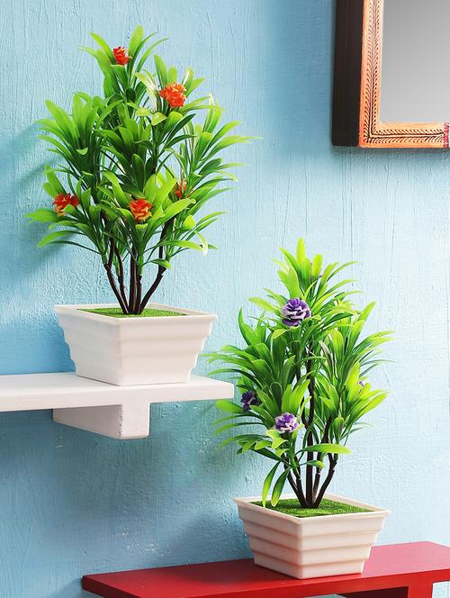 combo of two 5 branched bonsai trees with large green leaves with orange and dark purple roses for home d?cor living room - 15640317 - Very Small Image - 1