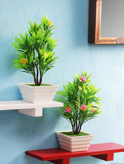 combo of two 5 branched bonsai trees with large green leaves with yellow and pink roses for home d?cor living room - 15640318 - Very Small Image - 1