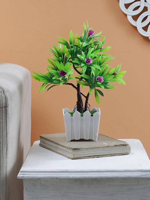 twin trunked bonsai tree with large green leaves and light purple roses |white hedge shape pot with real looking green grass - 15640334 - Very Small Image - 1