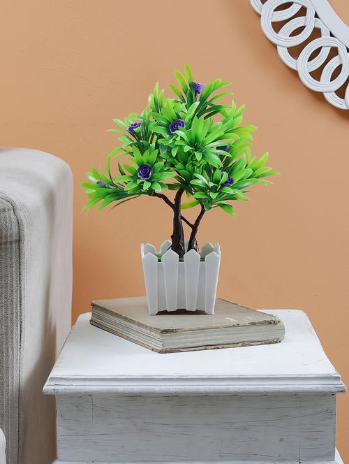 twin trunked bonsai tree with large green leaves and dark purple roses |white hedge shape pot with real looking green grass | - 15640335 - Very Small Image - 1