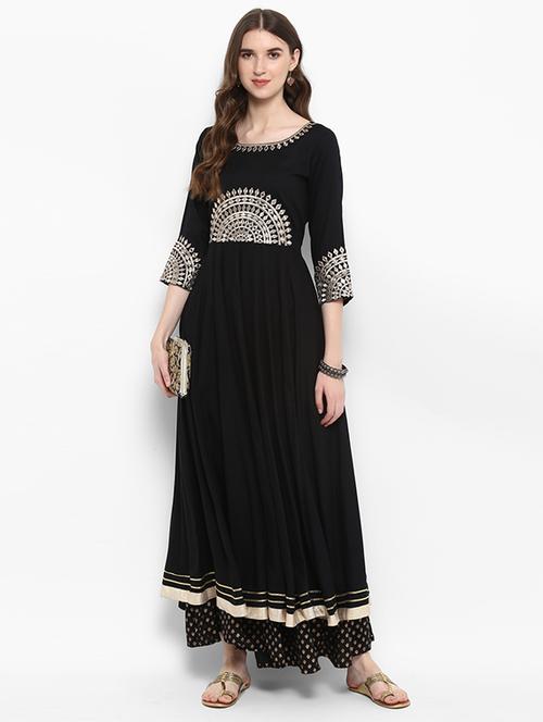 mirror work kurta with foil printed palazzo set - 15640879 - Very Small Image - 1